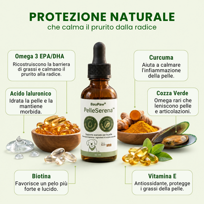 Gocce PelleSerena BauPaw™ · Calma il prurito ricostruendo la vera barriera della pelle nei cani