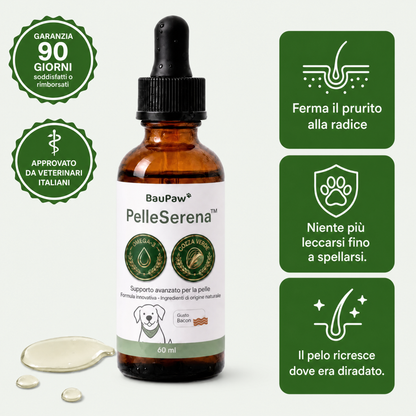 Gocce PelleSerena BauPaw™ · Calma il prurito ricostruendo la vera barriera della pelle nei cani